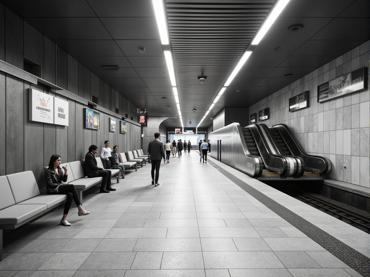 Prompt: Sleek metro station, minimalist architecture, clean lines, monochromatic color scheme, industrial materials, exposed concrete walls, polished steel beams, simple signage, modern LED lighting, spacious platforms, comfortable seating areas, subtle textures, geometric patterns, urban atmosphere, busy commuters, natural stone flooring, stainless steel railings, futuristic escalators, ample natural light, 1/1 composition, low-angle shot, softbox lighting, realistic reflections.