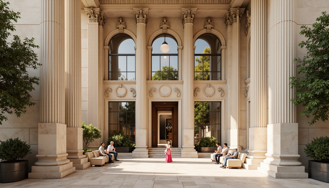 Prompt: Grand clinic entrance, imposing columns, ornate capitals, sturdy stone bases, elegant architraves, symmetrical facade, neoclassical detailing, subtle rustication, soft beige stonework, decorative pilasters, ornamental frieze, classical pediment, dignified waiting area, serene atmosphere, warm natural lighting, shallow depth of field, 1/1 composition, realistic textures, ambient occlusion.