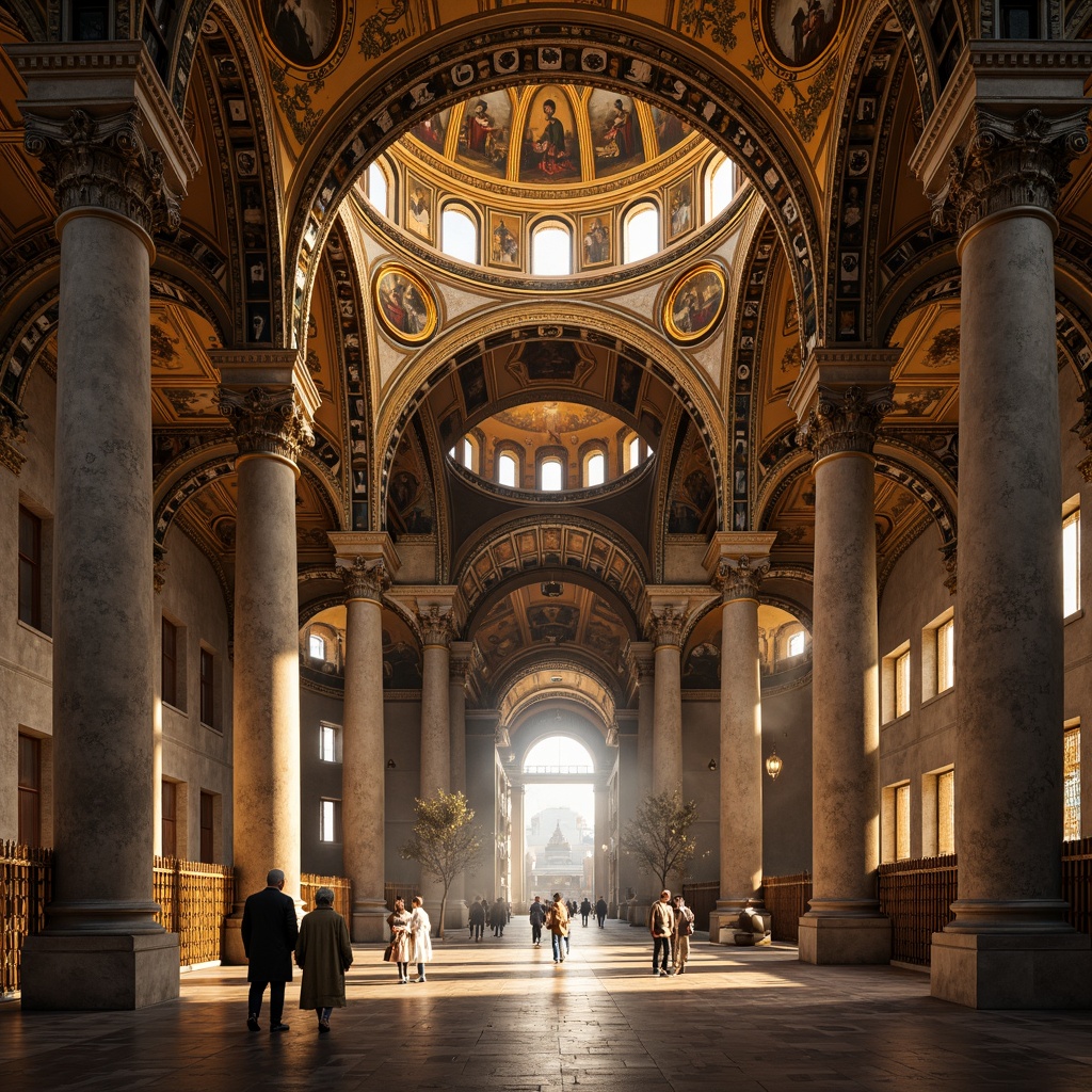 Prompt: Ancient Byzantine architecture, ornate arches, intricate stone carvings, golden mosaics, majestic domes, grand basilicas, solemn atmosphere, soft warm lighting, rich textures, ornamental capitals, Corinthian columns, marble floors, vaulted ceilings, sacred frescoes, biblical scenes, mystical auras, 3/4 composition, panoramic view, realistic reflections.