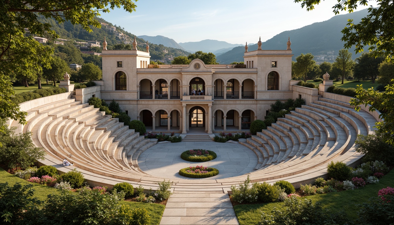 Prompt: Grand amphitheater, curved seating, tiered levels, majestic arches, ornate columns, travertine stone walls, lush greenery, vibrant flowers, sprawling lawns, scenic vistas, serene ambiance, natural light pouring in, soft warm glow, shallow depth of field, 3/4 composition, panoramic view, realistic textures, ambient occlusion.Please let me know if this meets your expectations!