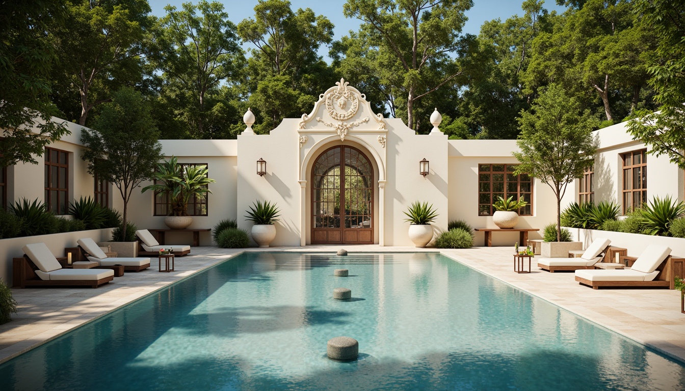 Prompt: Majestic classic swimming pool, ornate stone carvings, symmetrical fountains, lush greenery, vibrant flowers, rustic benches, elegant lanterns, cream-colored stucco walls, ornamental iron gates, serene natural surroundings, warm sunny day, soft diffused lighting, shallow depth of field, 1/1 composition, symmetrical framing, realistic textures, ambient occlusion.