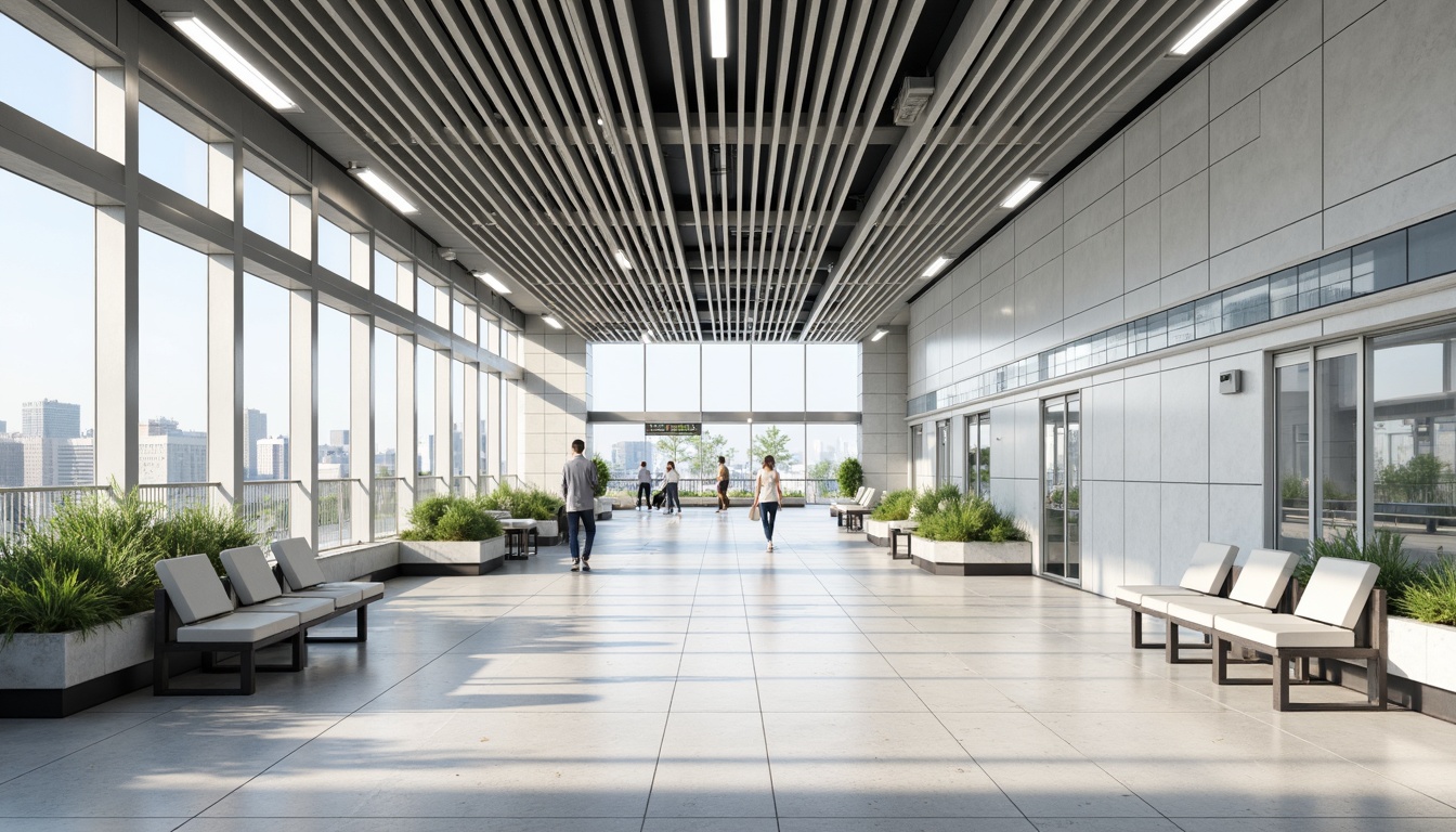 Prompt: Clean metro station, minimalist architecture, white tiles, sleek metal beams, modern LED lighting, sparse greenery, simple benches, stainless steel railings, industrial-style signage, urban cityscape views, natural stone flooring, geometric patterns, subtle color palette, shallow depth of field, 1/2 composition, softbox lighting, ambient occlusion.