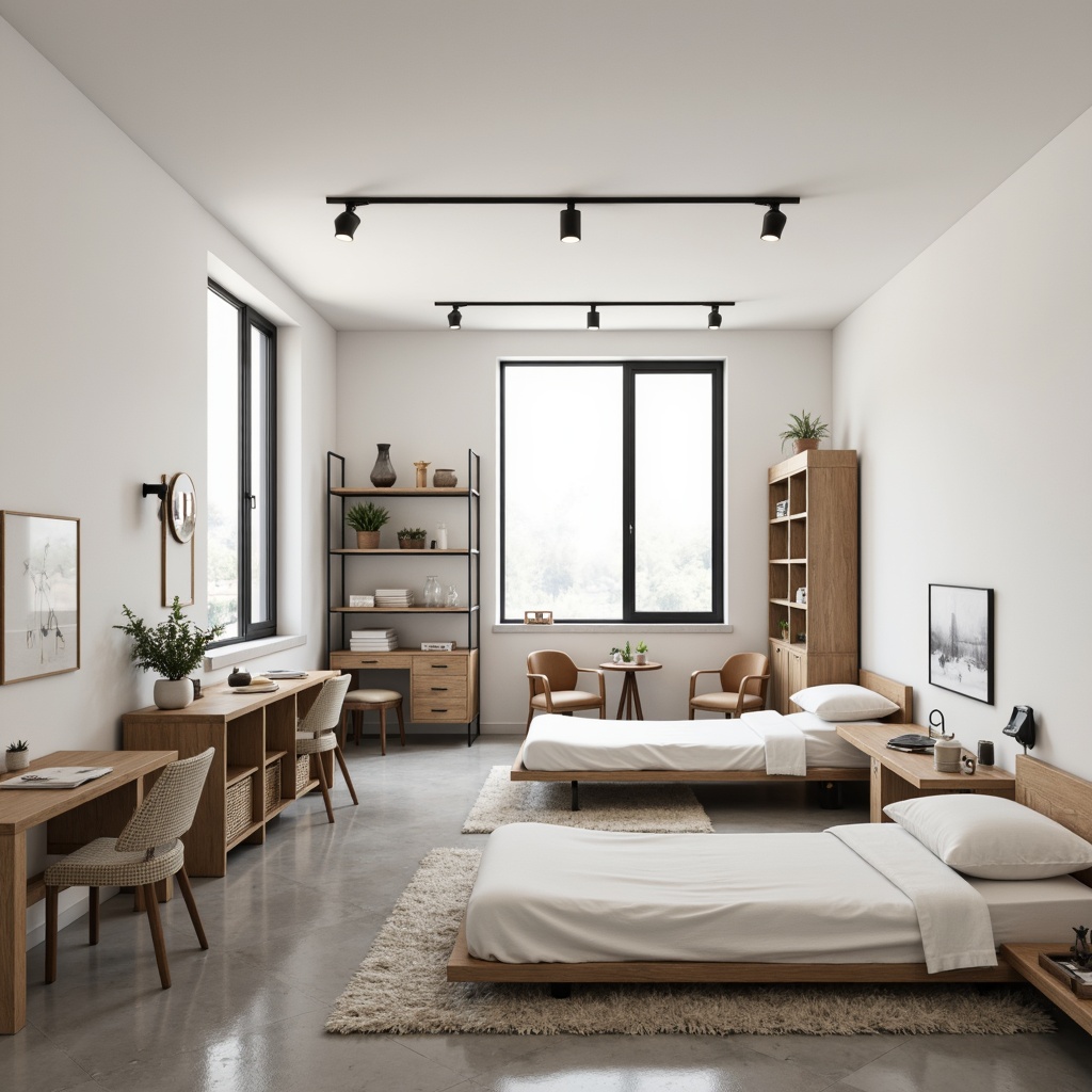 Prompt: Minimalist dorm room, plain white walls, polished concrete floors, simple wooden furniture, low-profile beds, compact desks, minimalist decor, industrial-style lighting, metal shelving units, sleek storage cabinets, natural textiles, woven baskets, earthy color palette, subtle patterns, softbox lighting, shallow depth of field, 1/1 composition, realistic render.