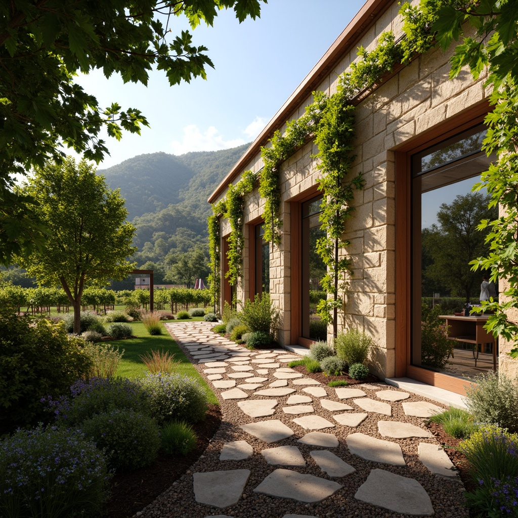 Prompt: Vineyard surroundings, lush greenery, rustic stone walls, wooden trellises, natural light filtering, dappled shade, warm earthy tones, modern winery architecture, large windows, clerestory lighting, skylights, solar tubes, diffuse soft light, ambient occlusion, 1/1 composition, shallow depth of field, realistic textures, Mediterranean climate, rolling hills, rural landscape, sunny afternoon, warm gentle breeze.