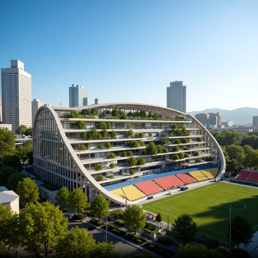 Prompt: Eco-friendly stadium, green roof, solar panels, wind turbines, rainwater harvesting system, recycled materials, natural ventilation systems, large windows, transparent fa\u00e7ade, minimalist design, curved lines, futuristic architecture, vibrant colorful seats, lush greenery, urban landscape, clear blue sky, sunny day, soft warm lighting, shallow depth of field, 3/4 composition, panoramic view, realistic textures, ambient occlusion.