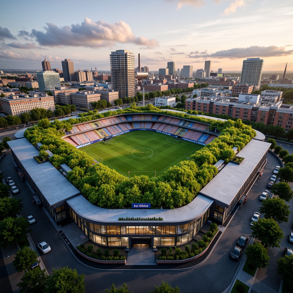 Prompt: Eco-friendly stadium, lush green roofs, rainwater harvesting systems, solar panels, wind turbines, recycled materials, natural ventilation, large windows, transparent fa\u00e7ades, minimalist design, angular lines, modern architecture, vibrant colors, dynamic lighting, shallow depth of field, 3/4 composition, panoramic view, realistic textures, ambient occlusion, urban landscape, bustling cityscape, evening atmosphere, warm sunset light, soft shadows.