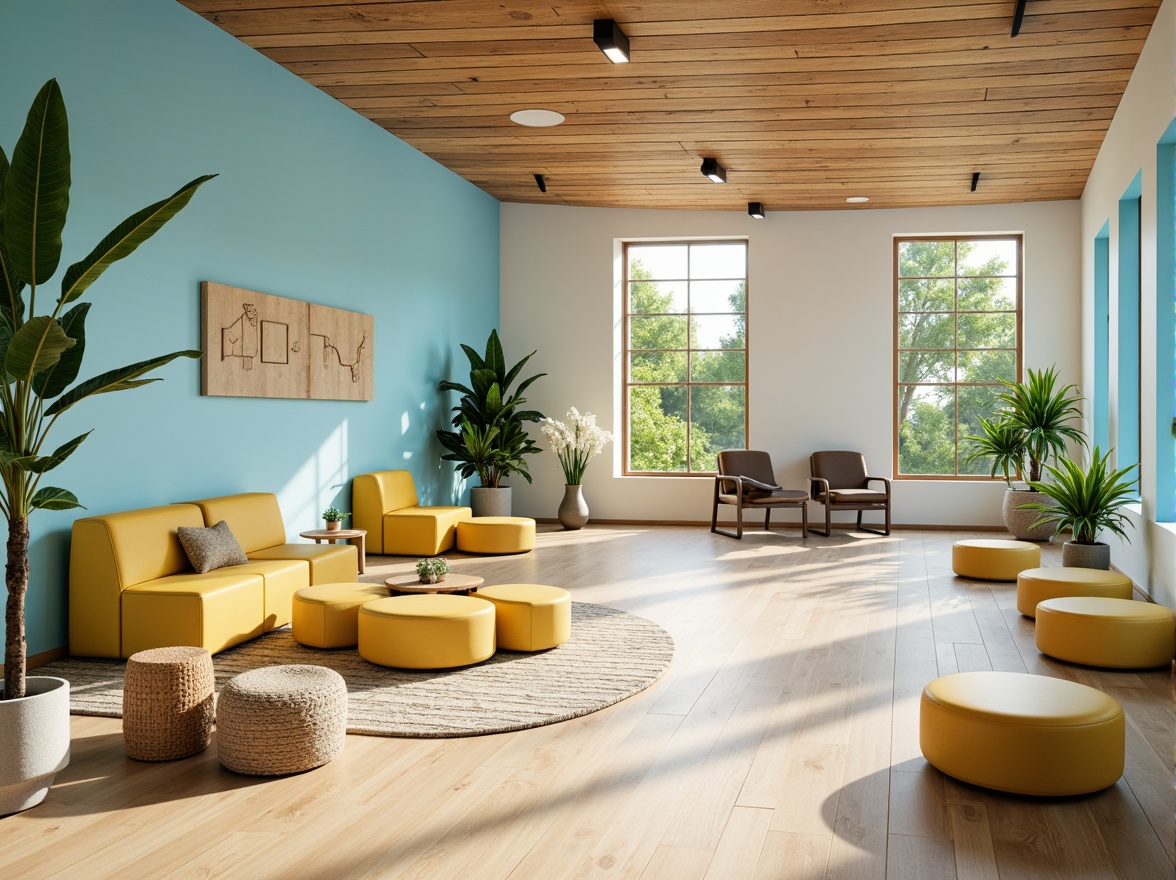 Prompt: Vibrant educational setting, soothing pastel colors, calming blue walls, warm beige floors, stimulating yellow accents, natural wood textures, cozy reading nooks, ergonomic furniture, abundant greenery, modern minimalist decor, circular tables, comfortable cushions, softbox lighting, gentle shadows, shallow depth of field, 1/2 composition, realistic renderings, ambient occlusion.