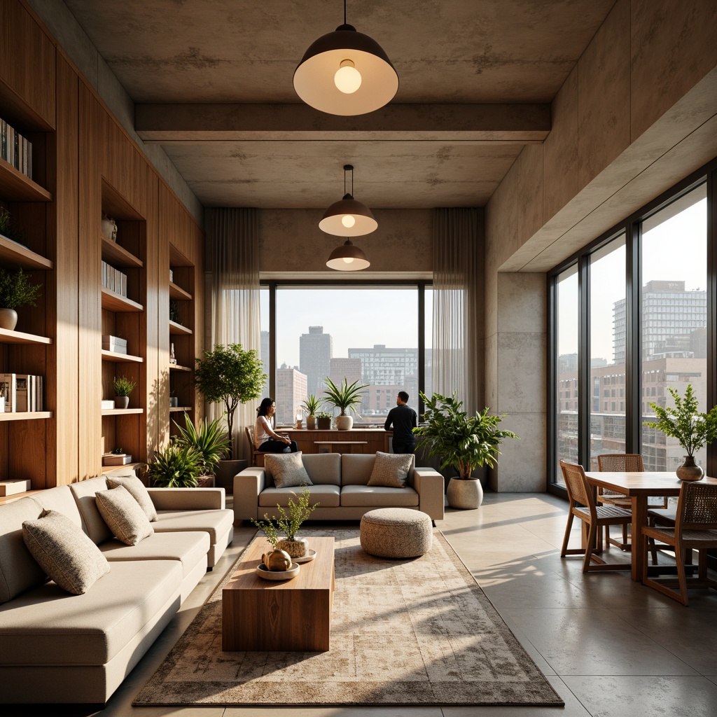 Prompt: Cozy living room, warm beige walls, comfortable couches, wooden coffee tables, soft cushions, modern pendant lights, minimalist decor, greenery plants, natural stone flooring, large windows, urban views, industrial chic accents, metal beams, exposed brick walls, open shelving units, functional storage spaces, ergonomic office chairs, adjustable desks, collaborative workspaces, calming color schemes, subtle textures, shallow depth of field, 1/1 composition, realistic rendering.