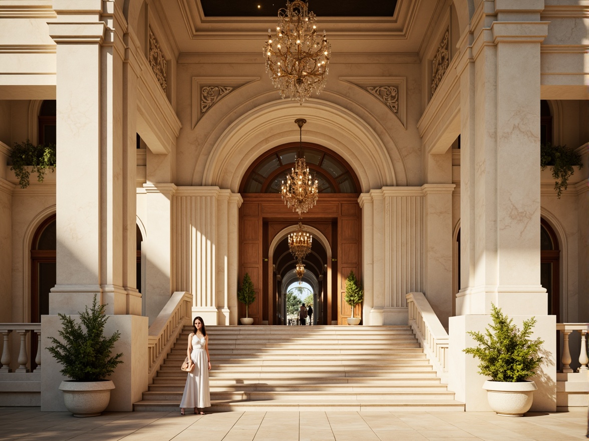 Prompt: Grand clinic entrance, majestic columns, Corinthian capitals, ornate moldings, soft beige marble, elegant archways, symmetrical facade, grand staircase, luxurious chandeliers, warm golden lighting, subtle shadows, 1/1 composition, low-angle shot, realistic reflections, ambient occlusion, classical proportions, harmonious balance, refined details.