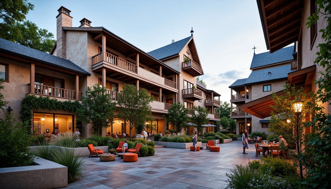 Prompt: Rustic hotel facade, earthy tones, natural stone walls, wooden accents, pitched roofs, steeples, regional architectural elements, ornate balconies, decorative shutters, vibrant local colors, lush greenery, flowering vines, outdoor seating areas, warm ambient lighting, soft misting systems, 3/4 composition, shallow depth of field, panoramic view, realistic textures, ambient occlusion.