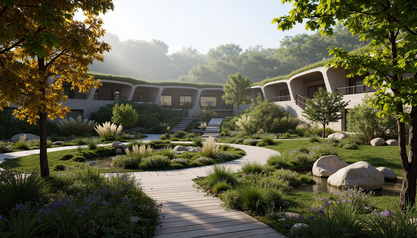 Prompt: Seamless landscape integration, organic architecture, curved lines, natural stone walls, green roofs, living walls, lush vegetation, blooming flowers, serene water features, meandering pathways, rustic wooden bridges, misty mornings, warm sunlight, soft shadows, 1/1 composition, symmetrical framing, panoramic view, realistic textures, ambient occlusion.