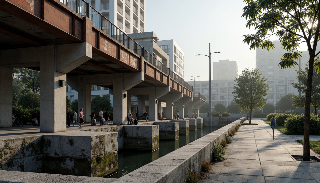 Prompt: Exposed concrete piers, rugged stone foundations, weathered steel beams, industrial-style railings, raw concrete decking, brutalist architectural style, urban cityscape, misty morning atmosphere, soft natural lighting, shallow depth of field, 2/3 composition, diagonal lines, geometric shapes, distressed textures, ambient occlusion, worn-out metallic surfaces, rusting effects, natural stone walls, greenery overgrowth, pedestrian traffic, cyclist pathways.