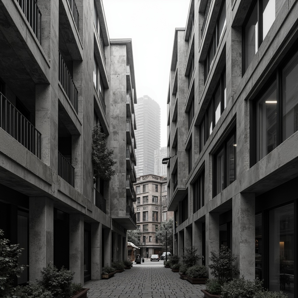 Prompt: Gritty brutalist buildings, rugged concrete textures, industrial metal accents, weathered stone walls, bold geometric forms, monochromatic color schemes, muted earth tones, stark shadows, dramatic lighting contrasts, urban cityscape backdrop, overcast skies, misty atmospheric effects, 3/4 composition, cinematic camera angles, high-contrast black and white textures, realistic material reflections.