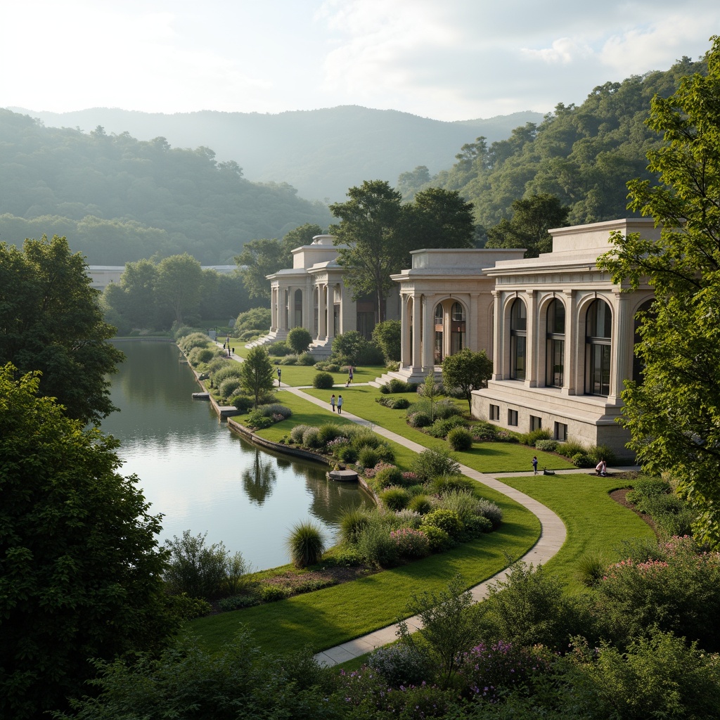 Prompt: Lush greenery, serene lake views, rolling hills, walking paths, neoclassical clinic buildings, grand entrance columns, symmetrical facades, ornate details, natural stone walls, large windows, elegant archways, subtle lighting, 1/1 composition, soft focus, misty atmosphere, warm color palette, harmonious coexistence of nature and architecture.