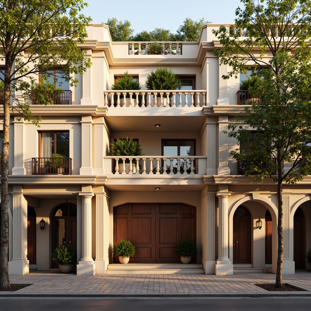 Prompt: Elegant social housing, classicist facade, ornate balconies, grand entranceways, symmetrical composition, warm beige stonework, creamy white columns, richly textured brick patterns, subtle archways, soft golden lighting, shallow depth of field, 1/1 composition, realistic textures, ambient occlusion, lush greenery, vibrant flowerboxes, bustling urban streetscape, morning sunlight, gentle misting effect.