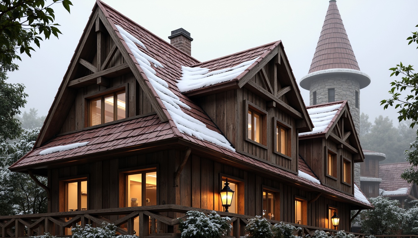 Prompt: Traditional European-style gabled roofs, rustic wooden beams, clay tile roofing, weathered copper accents, snow-covered peaks, cozy attic windows, natural stone chimneys, whimsical dormer windows, asymmetrical fa\u00e7ade, vintage lanterns, misty morning atmosphere, warm golden lighting, 1/1 composition, realistic wood textures, ambient occlusion.