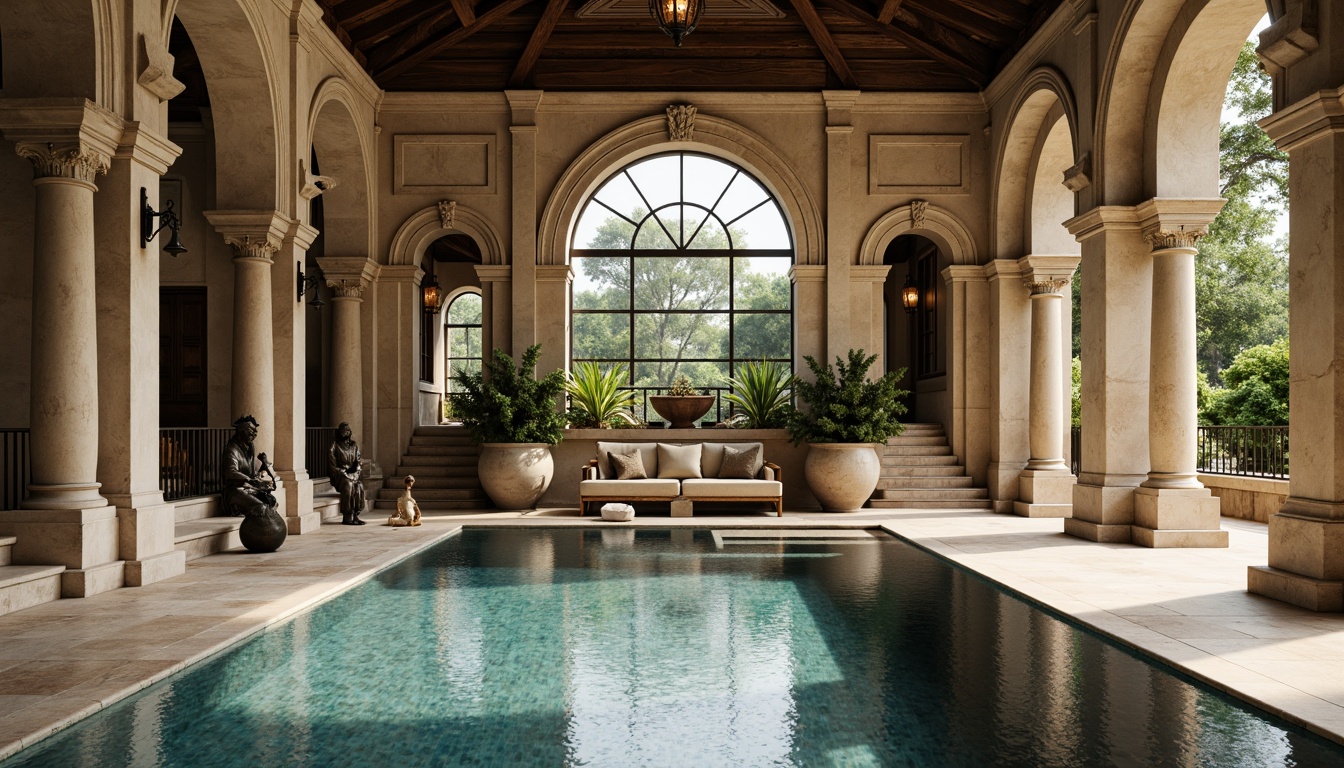 Prompt: Ornate pool house, neoclassical architecture, grandiose columns, arched windows, rustic stone walls, travertine flooring, symmetrical layout, serene water reflections, lush greenery, ornamental fountains, bronze statues, elegant staircases, marble accents, subtle warm lighting, shallow depth of field, 1/2 composition, realistic textures, ambient occlusion.