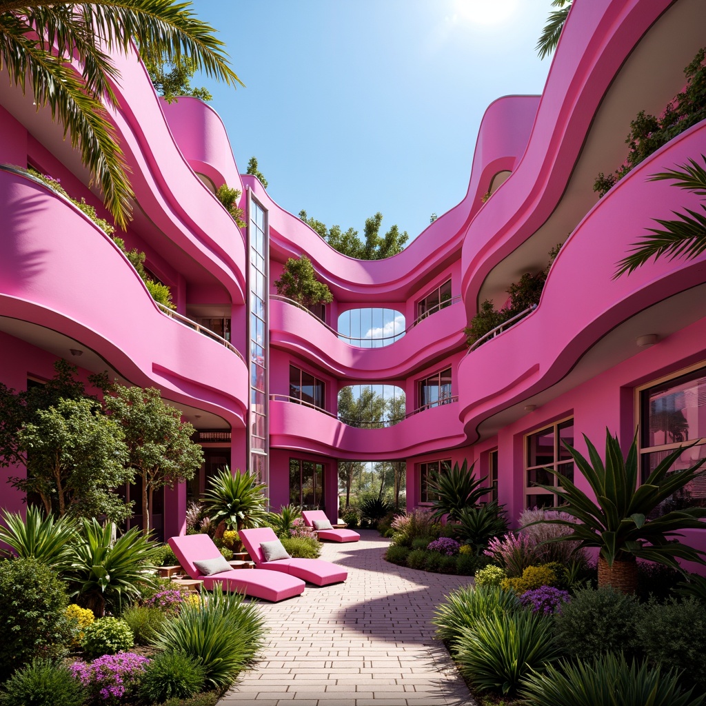 Prompt: Fuchsia-hued buildings, whimsical curved lines, vibrant pink accents, iridescent glass facades, metallic rose-gold details, bold geometric patterns, lush green roofs, tropical garden surroundings, bright sunny day, soft warm lighting, shallow depth of field, 1/1 composition, macro photography, realistic textures, ambient occlusion.