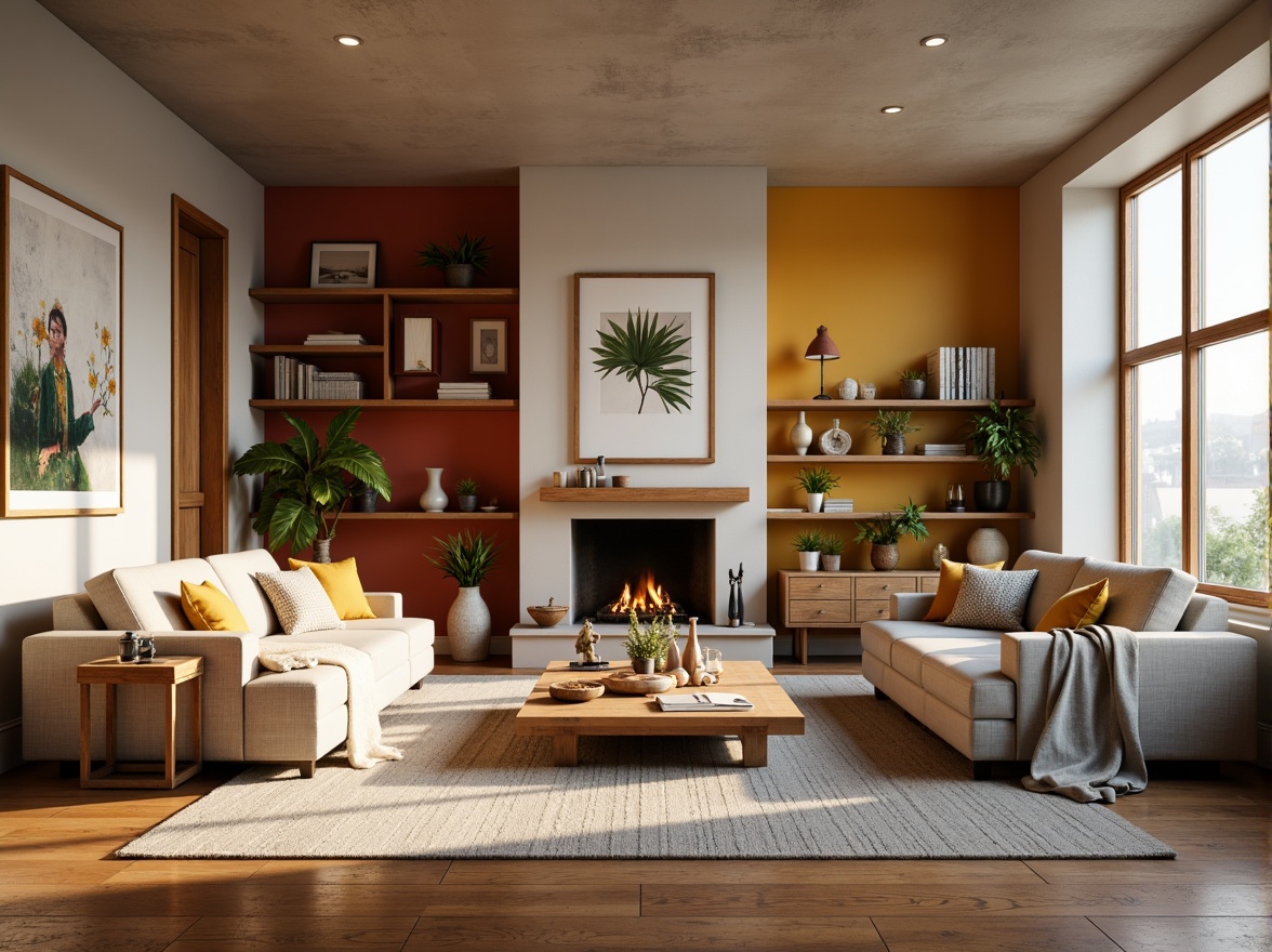 Prompt: Cozy living room, comfortable sofas, warm lighting, wooden floorings, minimalist decor, functional shelving units, stylish coffee tables, vibrant accent walls, ergonomic furniture, ample storage solutions, natural textiles, soft rugs, calming color schemes, relaxed ambiance, 1/1 composition, subtle shadows, realistic reflections.