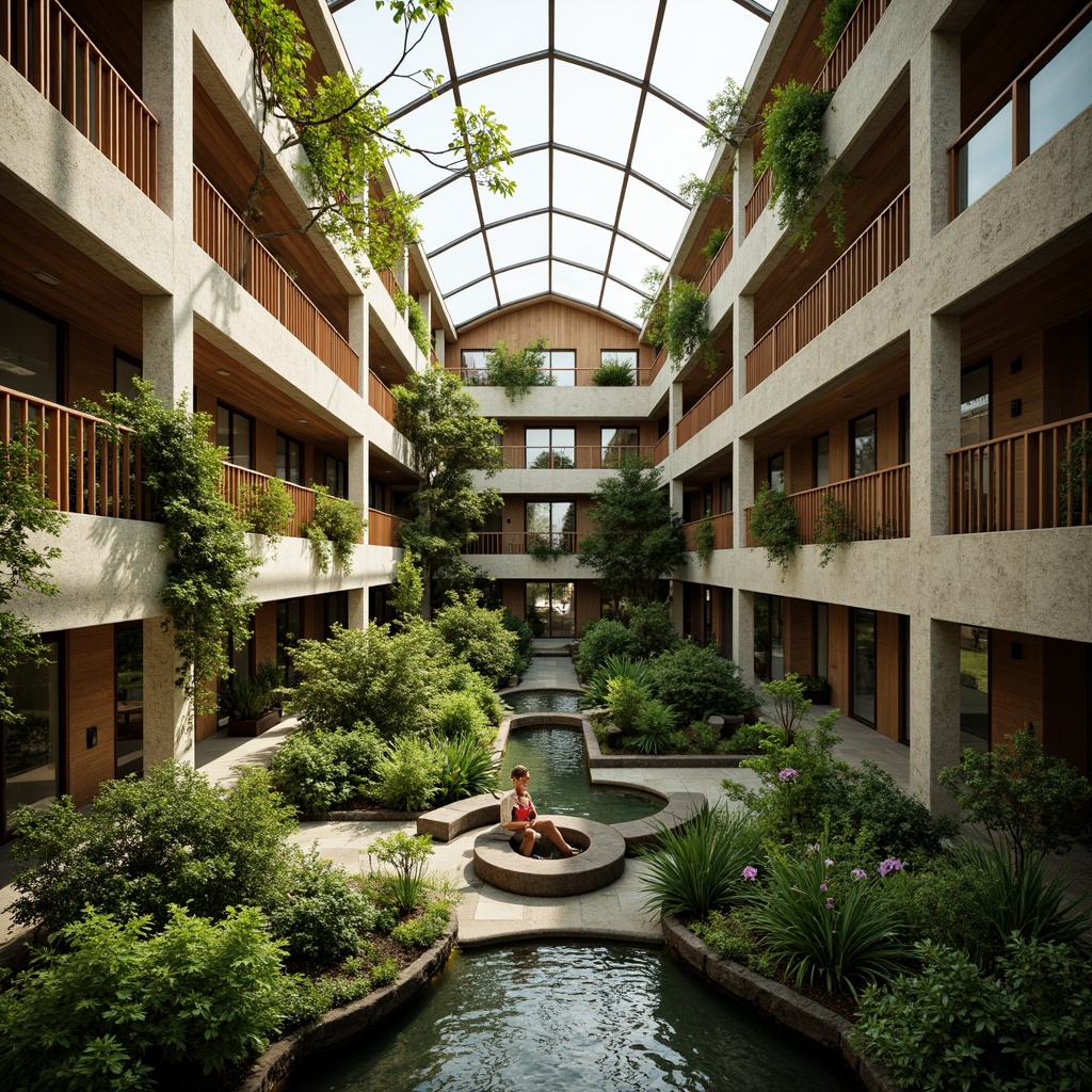 Prompt: Vibrant atrium, lush greenery, natural stone walls, wooden accents, floor-to-ceiling windows, clerestory windows, skylights, solar tubes, reflective surfaces, minimalist decor, earthy color palette, warm ambient lighting, soft shadows, 1/1 composition, panoramic view, realistic textures, ambient occlusion.