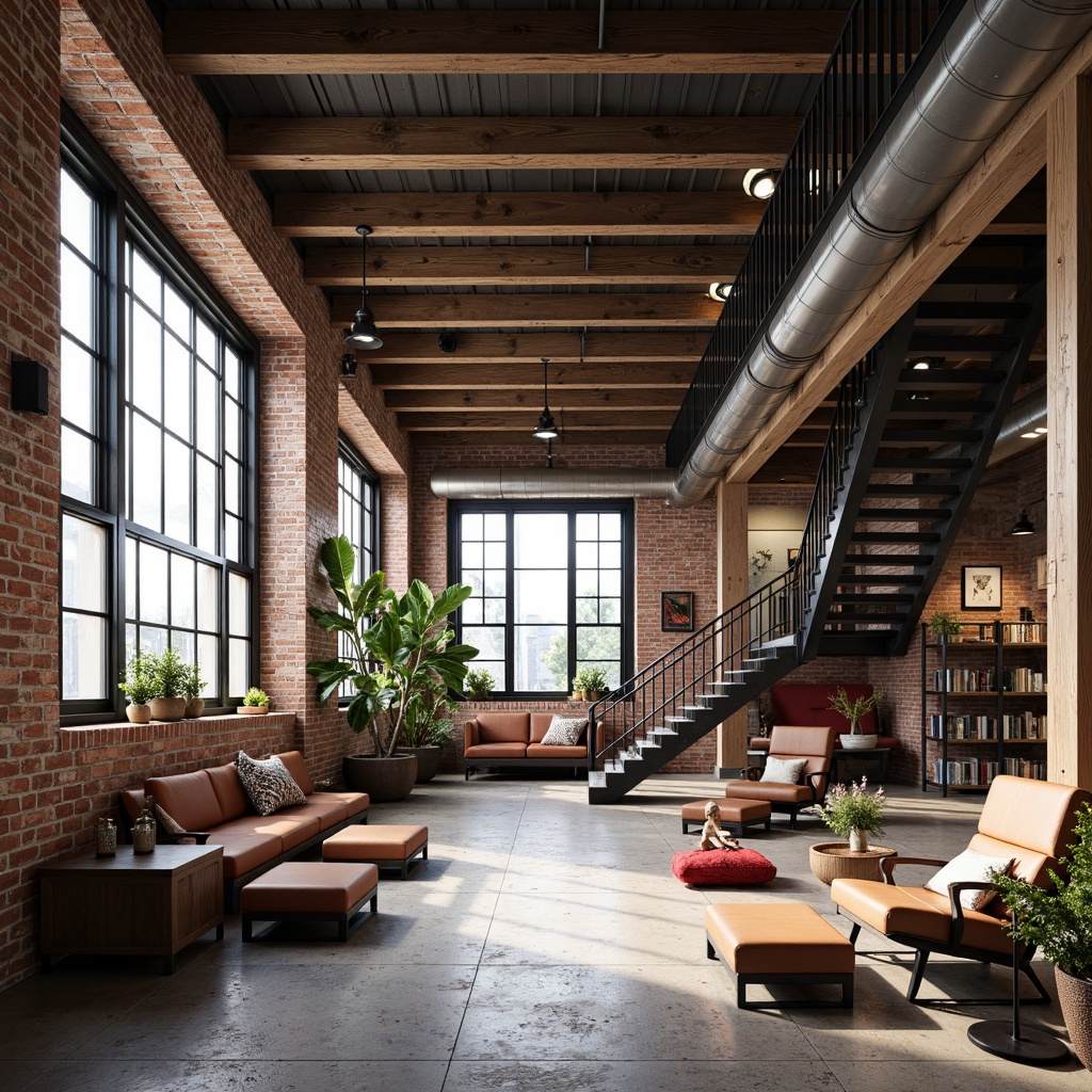 Prompt: Exposed brick walls, industrial metal beams, reclaimed wood accents, vintage decorative elements, eclectic mix of textures, earthy color palette, natural stone flooring, distressed finishes, urban loft atmosphere, converted warehouse setting, high ceilings, large windows, metal staircase, exposed ductwork, functional minimalist decor, cozy reading nooks, warm soft lighting, shallow depth of field, 3/4 composition, realistic textures, ambient occlusion.