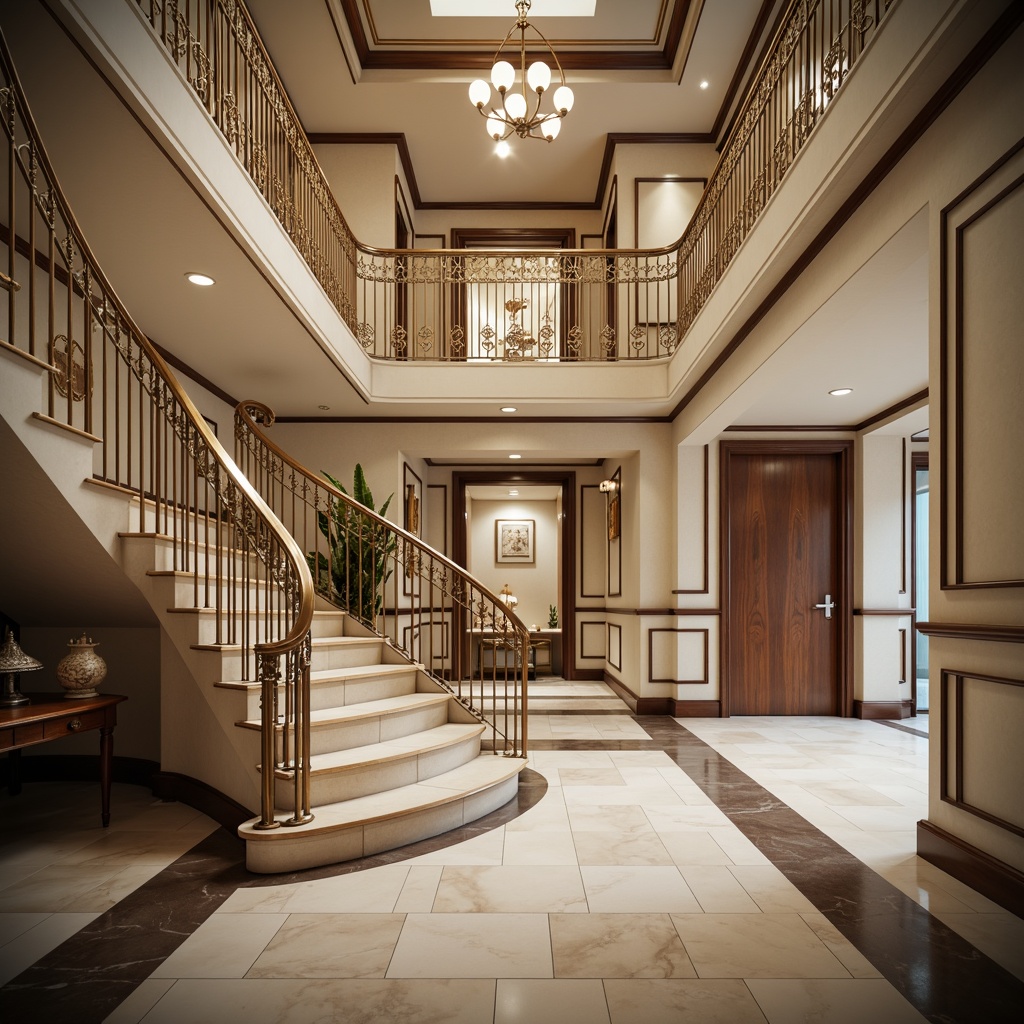 Prompt: Elegant balustrade, ornate metalwork, curved railings, polished chrome accents, luxurious marble floors, grand staircases, spacious hallways, refined interior design, soft warm lighting, shallow depth of field, 3/4 composition, panoramic view, realistic textures, ambient occlusion.