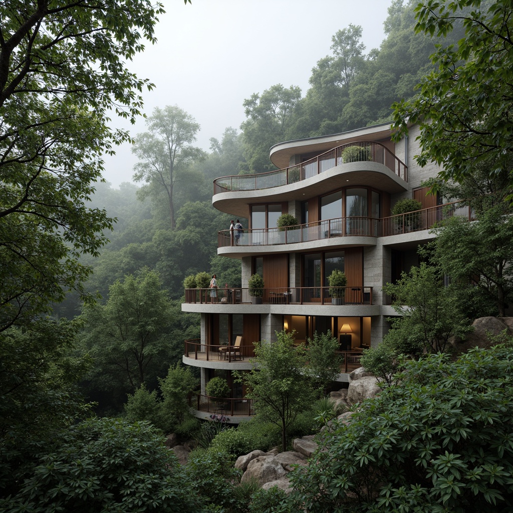 Prompt: Seamless forest integration, organic curves, natural stone walls, wooden accents, cantilevered roofs, floor-to-ceiling windows, rustic metal details, lush greenery, towering trees, misty atmosphere, soft diffused lighting, 1/1 composition, intimate perspective, realistic foliage, ambient occlusion.