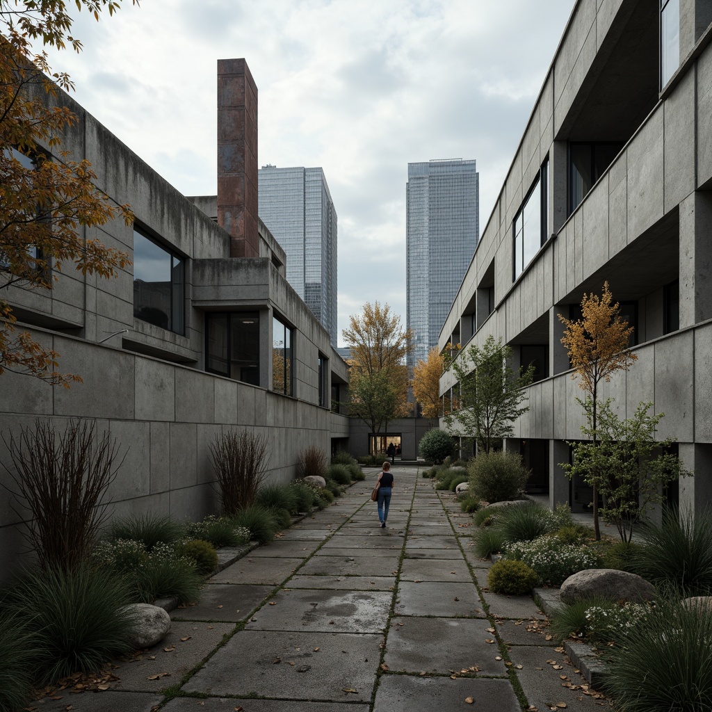 Prompt: Weathered concrete textures, industrial metal accents, muted earth tones, dark grey stone walls, rusty steel beams, exposed ductwork, functional brutalist design, fortress-like structures, urban cityscape backdrop, overcast skies, dramatic shadows, high-contrast lighting, abstract geometric patterns, raw unfinished materials, monumental scales, brutalist monumentality, rugged landscape surroundings, windswept trees, desolate atmosphere, cinematic wide-angle shot, low-key lighting, atmospheric fog effects.