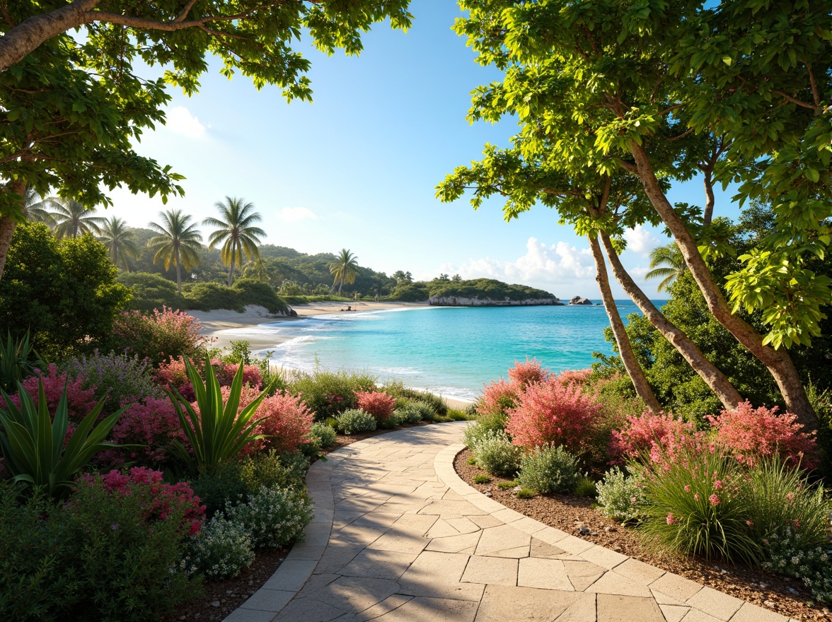 Prompt: Vibrant tropical landscape, lush green palms, exotic floral arrangements, bright coral reefs, turquoise ocean waves, sunny day, warm golden lighting, shallow depth of field, 3/4 composition, panoramic view, realistic textures, ambient occlusion, colorful abstract patterns, bold geometric shapes, playful typography, eclectic decorative accents, natural woven textiles, distressed wood finishes.