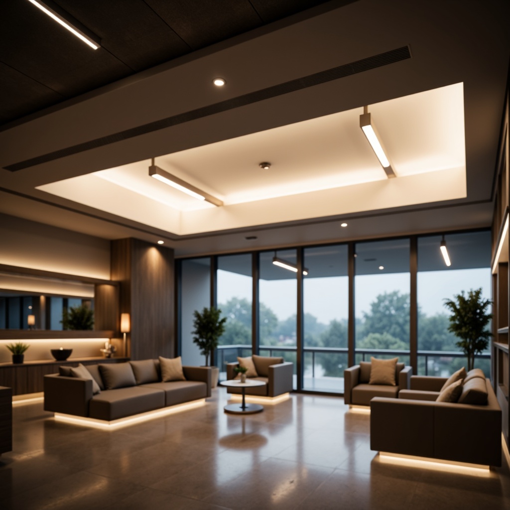 Prompt: Modern interior, sleek lines, minimalist decor, LED strip lights, warm ambient glow, suspended ceiling fixtures, metal lampshades, frosted glass diffusers, recessed lighting, floor-to-ceiling windows, natural daylight, softbox illumination, 3D modeling, realistic renderings, shallow depth of field, panoramic view.