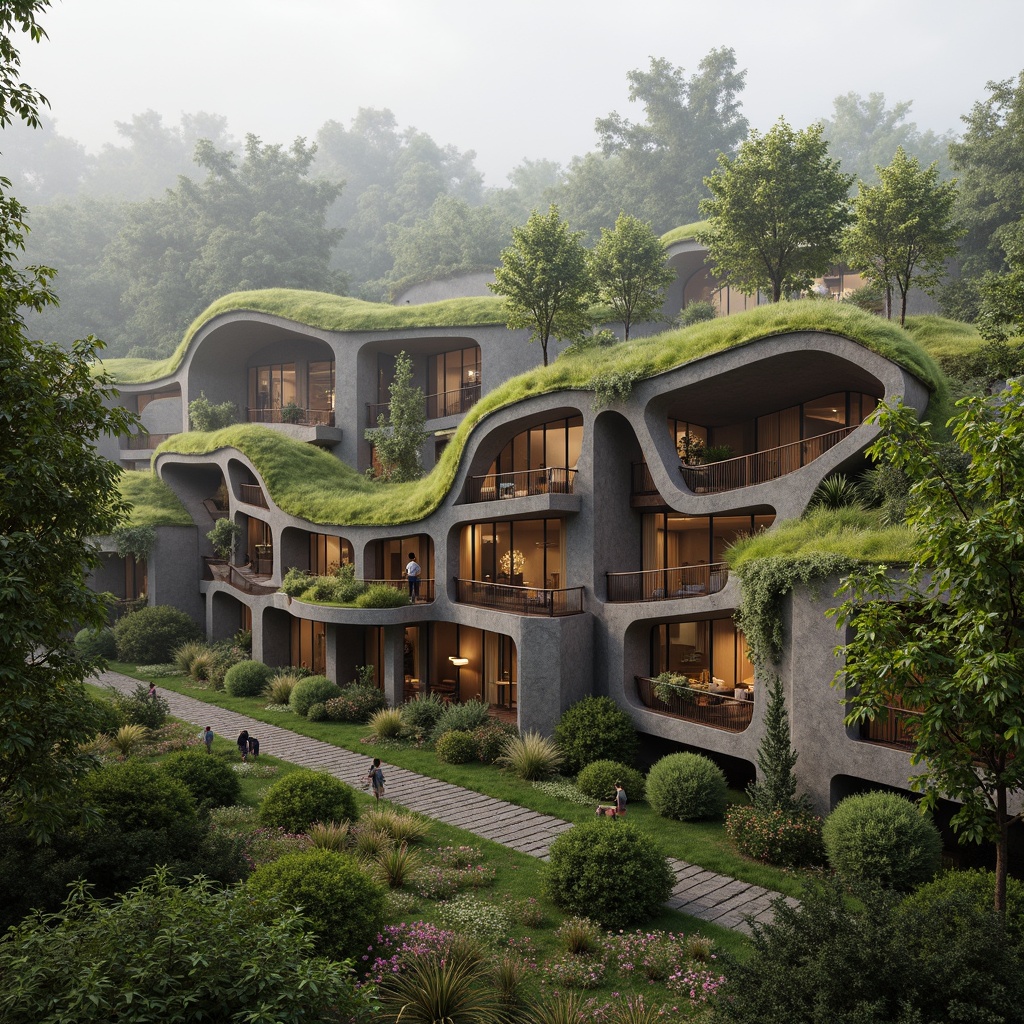 Prompt: Organic metabolism-inspired buildings, irregular shapes, undulating walls, natural materials, reclaimed wood accents, living green roofs, lush vegetation, biomimetic facades, recycled metal cladding, earthy tones, moss-covered surfaces, soft diffused lighting, misty atmospheric effects, 1/2 composition, intimate scale, whimsical textures, ambient occlusion.