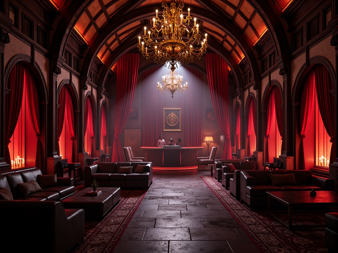 Prompt: Dark mysterious atmosphere, medieval-inspired architecture, grand high ceilings, ornate chandeliers, lavish velvet drapes, rich wood paneling, mystical stone walls, dim red lighting, fog machines, strobe lights, DJ booths, dance floors, VIP lounges, luxurious sofas, Gothic arches, intricate carvings, heavy metal doors, eerie shadows, dramatic spotlights, 3/4 composition, low-key lighting, mysterious ambiance.