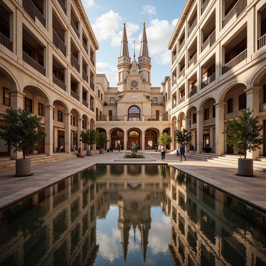 Prompt: Symmetrical building facade, mirrored reflections, identical twin towers, central axis alignment, radial symmetry, identical arches, harmonious proportions, balanced composition, geometric patterns, repeating elements, ornate details, elegant columns, majestic entrance, grand staircase, luxurious materials, rich textures, warm golden lighting, shallow depth of field, 1/1 composition, frontal view, realistic rendering, ambient occlusion.