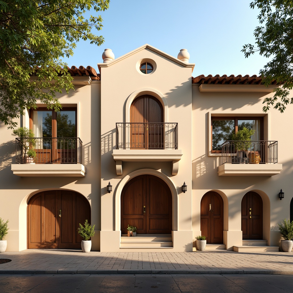 Prompt: Warm beige stucco facades, ornate wooden doorways, classic pediments, soft cream-colored columns, rounded arches, subtle rustication, earthy terracotta roofs, lush green balconies, delicate metal railings, vintage street lamps, warm afternoon sunlight, soft shadows, 1/1 composition, realistic textures, ambient occlusion.