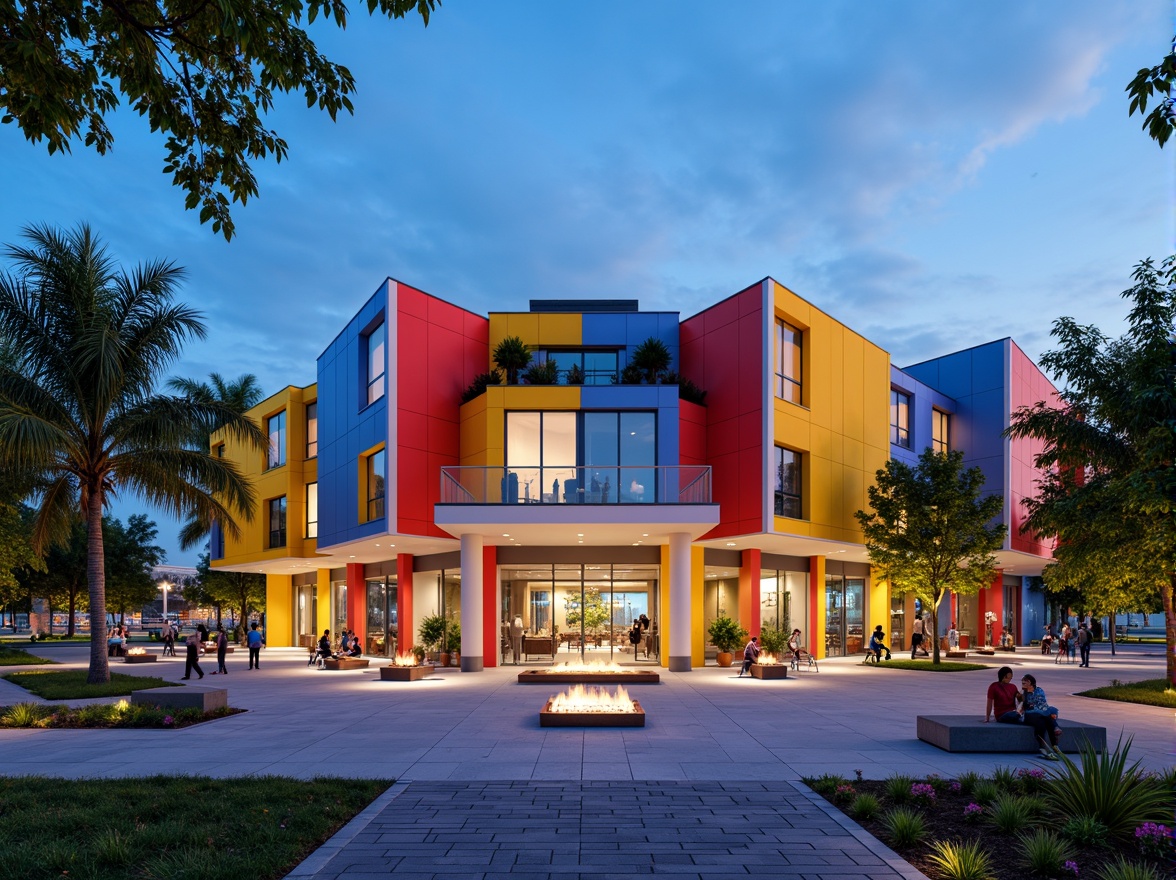 Prompt: Vibrant community center, modern angular facade, bold color blocking, cantilevered rooflines, large glazed windows, sliding glass doors, urban landscape, pedestrian walkways, street furniture, public art installations, dynamic LED lighting, evening ambiance, shallow depth of field, 1/1 composition, symmetrical view, realistic materials, ambient occlusion.