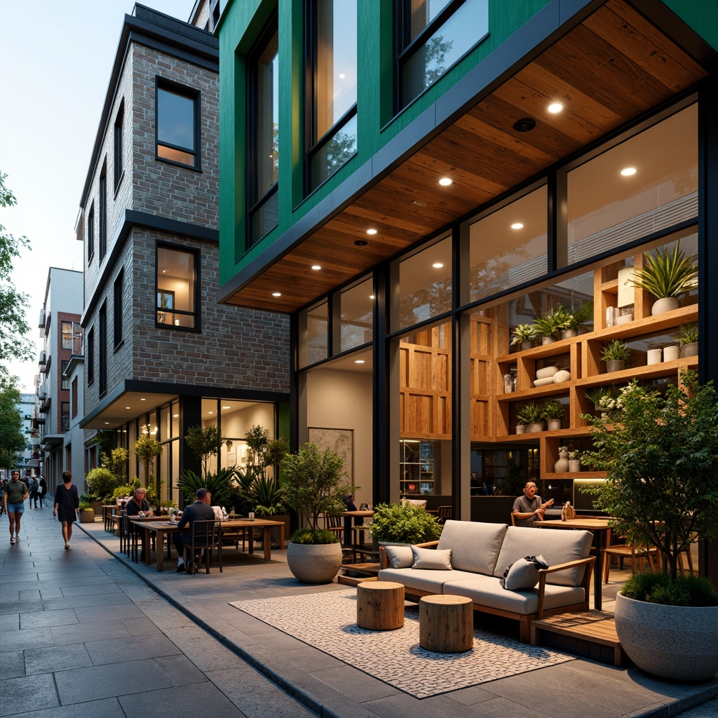 Prompt: Vibrant coffee shop, modern facade, large glass windows, wooden accents, industrial metal frames, reclaimed wood textures, green walls, living plants, cozy outdoor seating, warm string lighting, rustic stone flooring, eclectic furniture, bold color schemes, geometric patterns, minimalist signage, urban cityscape, busy street life, morning sunlight, shallow depth of field, 1/1 composition, realistic rendering.