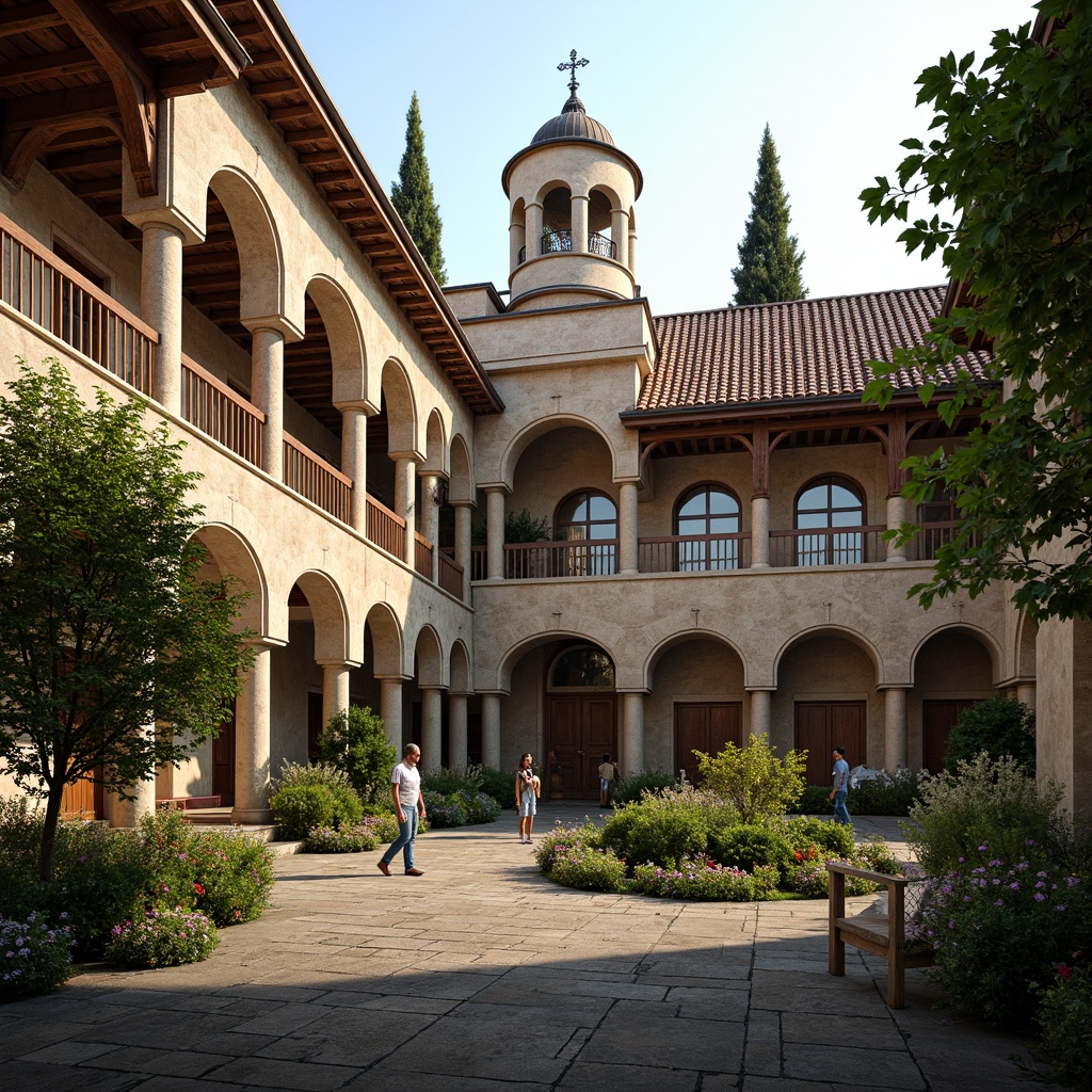 Prompt: Intricate monastery architecture, curved rooflines, terracotta tiles, ornate stone carvings, grandiose bell towers, vaulted ceilings, stained glass windows, rustic wooden doors, peaceful cloisters, serene courtyard gardens, lush greenery, vibrant flowers, soft warm lighting, shallow depth of field, 3/4 composition, realistic textures, ambient occlusion.