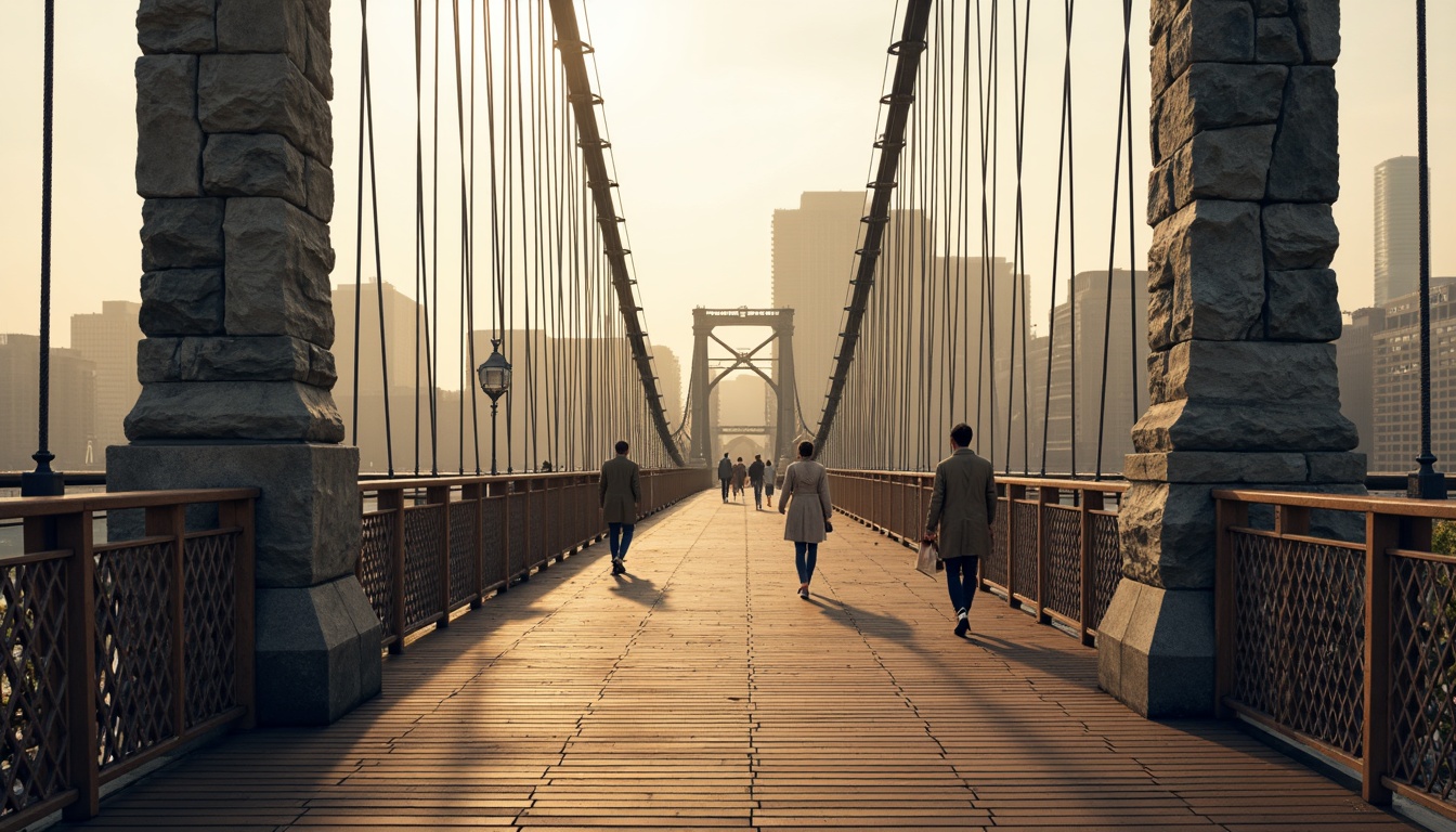 Prompt: Pedestrian bridge, steel cable suspensions, wooden deck planks, rough stone pillars, urban cityscape, morning fog, soft warm lighting, shallow depth of field, 3/4 composition, vibrant textiles, intricate geometric patterns, woven fibers, natural materials, earthy tones, weathered wood accents, industrial metal railings, modern architectural lines, pedestrian traffic flow, bustling city atmosphere.