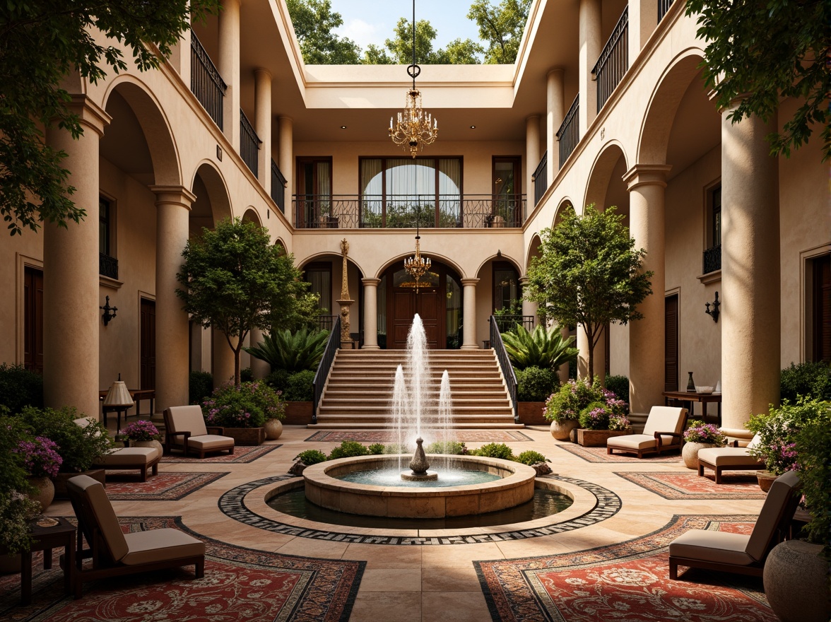 Prompt: Luxuriant hotel courtyard, ornate fountains, grand staircases, opulent chandeliers, richly patterned rugs, lavish furnishings, intricate stone carvings, dramatic archways, sweeping curves, grandiose columns, ornamental metalwork, warm golden lighting, soft focus blur, 1/1 composition, symmetrical framing, naturalistic scenery, serene atmosphere, vibrant floral arrangements, lush greenery, rustic stone walls, meandering walkways, scenic overlooks, majestic mountain vistas, tranquil lakeside settings.