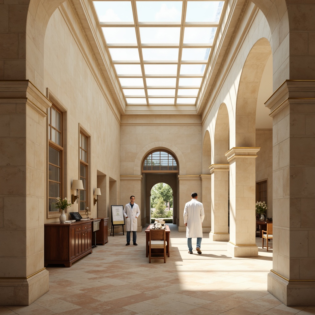 Prompt: Creamy white marble columns, soft beige walls, polished dark wood furniture, elegant gold accents, subtle ornate details, sophisticated clinical equipment, crisp white lab coats, natural light pouring through large skylights, serene atmosphere, muted earth tones, terracotta flooring, refined stucco textures, delicate archways, classical proportions, harmonious color balance, gentle warm lighting, shallow depth of field, 2/3 composition, realistic renderings, ambient occlusion.