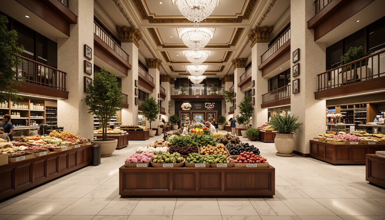 Prompt: Elegant grocery store interior, neoclassical architecture style, marble floors, ornate columns, high ceilings, crystal chandeliers, decorative moldings, luxurious textiles, rich wood accents, polished metal fixtures, sophisticated color palette, soft warm lighting, subtle shadowing, 1/1 composition, realistic reflections, ambient occlusion, fresh produce stands, gourmet food displays, wine and cheese sections, bakery counters, coffee shops, floral arrangements, potted plants, natural stone walls, intricate tile work.