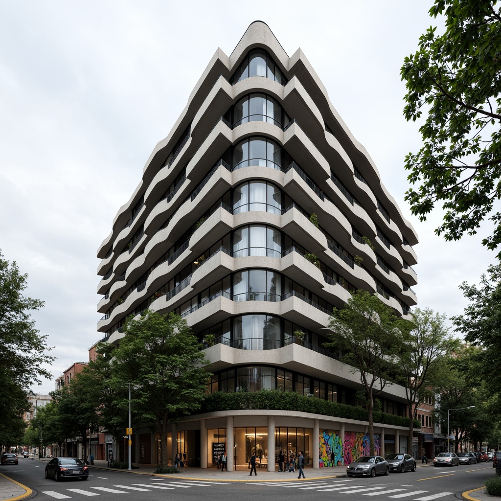 Prompt: Geometric Bauhaus-style apartment building, asymmetrical facades, cantilevered balconies, industrial materials, exposed concrete, steel beams, minimalist ornamentation, rectangular windows, functional layout, urban cityscape, modern streetlights, paved sidewalks, lush greenery, vibrant graffiti, cloudy day, dramatic shadows, high-contrast lighting, 1/2 composition, low-angle shot, realistic textures, ambient occlusion.