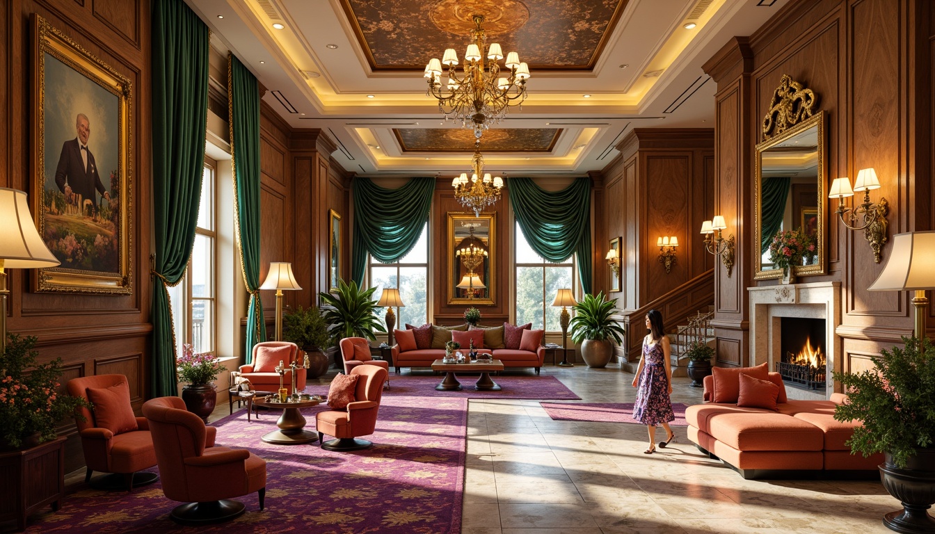 Prompt: Luxurious hotel lobby, ornate furnishings, rich velvet drapes, gilded frames, intricate molding, warm golden lighting, lavish chandeliers, marble floors, opulent textiles, vibrant jewel tones, emerald green accents, ruby red hues, regal purple shades, soft cream backgrounds, subtle bronze undertones, dramatic architectural details, grandiose staircases, lavish flower arrangements, fragrant scented candles, intimate seating areas, warm fireplaces, ornate mirrors, lavish ceiling designs.