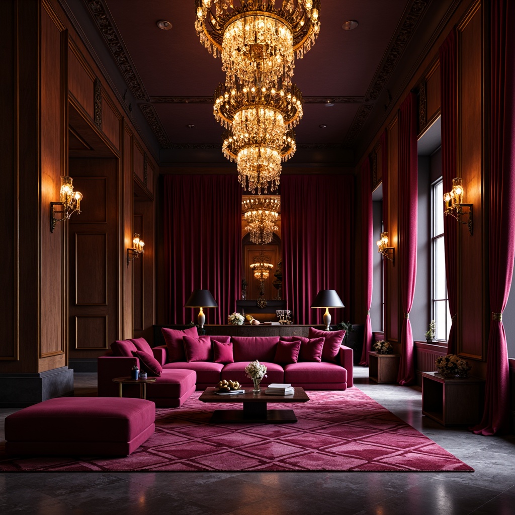 Prompt: Rich plum tones, deep berry hues, warm golden light, luxurious velvet fabrics, ornate metal accents, lavish crystal chandeliers, opulent marble floors, dramatic drapery, bold geometric patterns, rich wood paneling, sophisticated modern furniture, moody atmospheric lighting, cinematic color grading, 1/2 composition, low-key illumination, mysterious shadows.