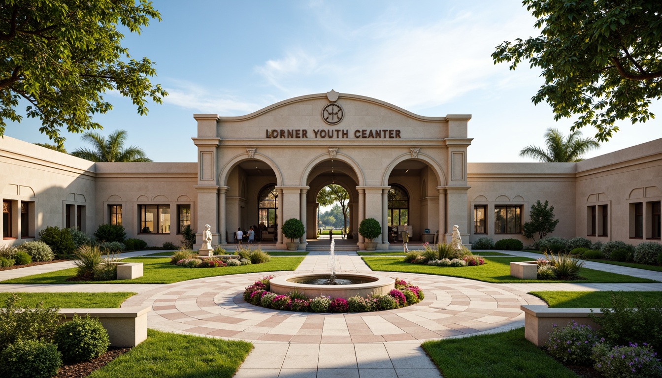 Prompt: Elegant youth center facade, grand entrance arches, symmetrical columns, ornate stone carvings, manicured lawns, vibrant flower beds, walking paths, circular fountains, classical sculptures, ornamental lanterns, rustic wooden benches, natural stone pavers, subtle topiary, formal gardens, sunny afternoon, soft warm lighting, shallow depth of field, 3/4 composition, panoramic view, realistic textures, ambient occlusion.