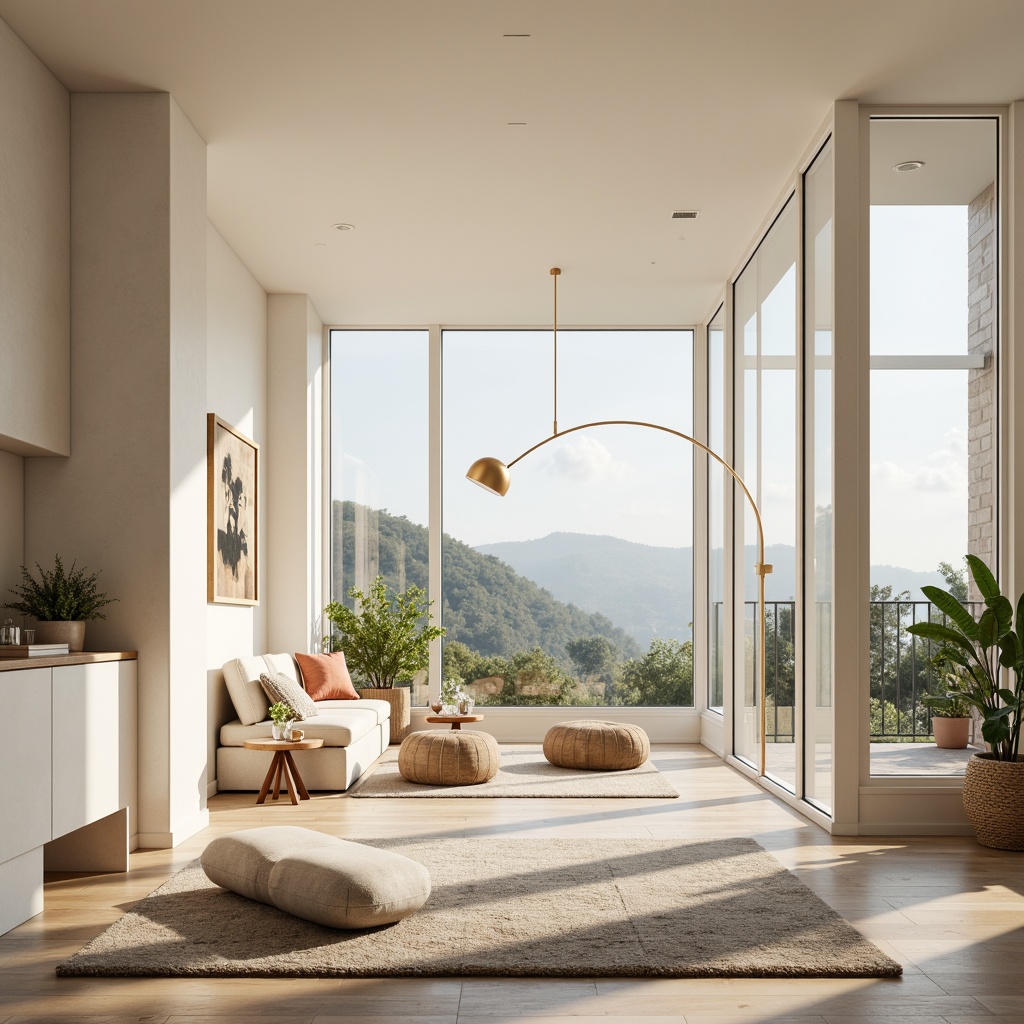 Prompt: Calming modern residence, soft pastel hues, creamy whites, warm beige tones, sleek metal accents, large glass windows, minimalist interior design, cozy reading nooks, plush area rugs, natural wood flooring, subtle texture variations, ambient soft lighting, shallow depth of field, 1/1 composition, panoramic view, realistic renderings, gentle atmospheric effects.