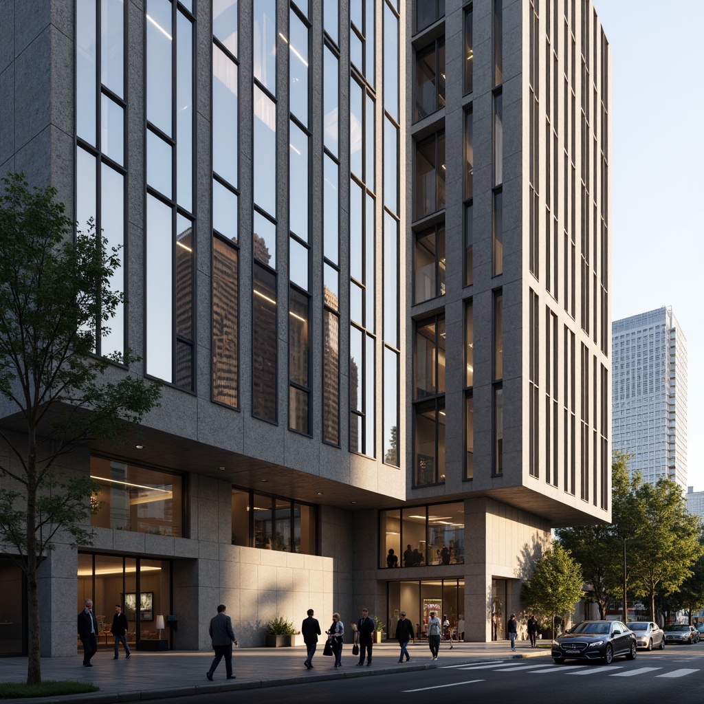 Prompt: Modern building facade, textured concrete walls, exposed aggregate surfaces, metallic cladding, reflective glass panels, angular geometric shapes, urban cityscape, busy street scene, natural light pouring in, warm atmospheric ambiance, shallow depth of field, 1/2 composition, realistic material textures, ambient occlusion, intricate architectural details, futuristic design elements.