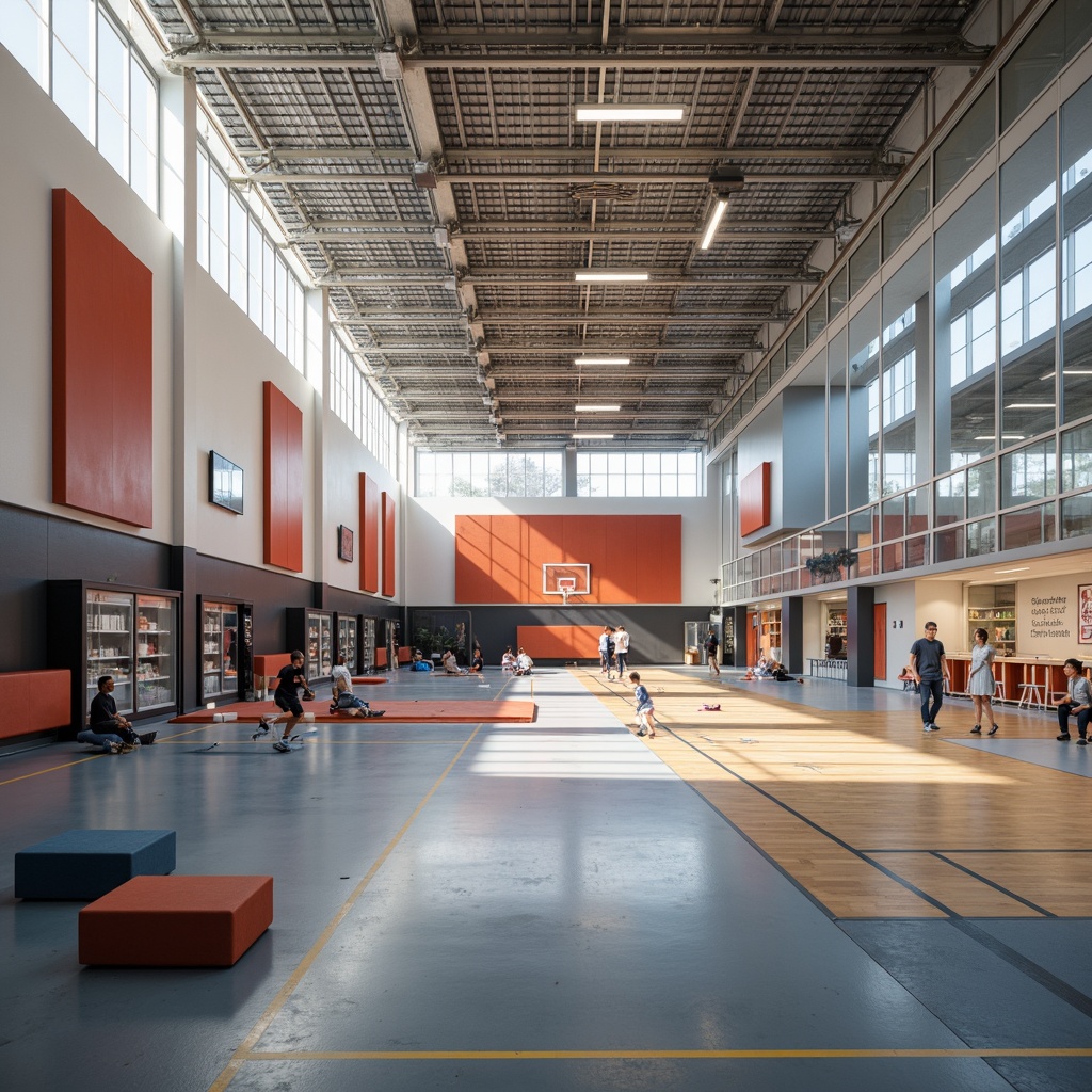 Prompt: Modern gymnasium interior, adaptable spaces, movable partitions, modular furniture, soft flooring, athletic equipment storage, natural light influx, clerestory windows, minimalist decor, bold color accents, dynamic lighting systems, flexible seating arrangements, multipurpose courts, acoustic ceiling panels, rubberized flooring, basketball hoops, volleyball nets, trophy display cases, motivational quotes, high ceilings, spacious corridors, realistic textures, ambient occlusion.