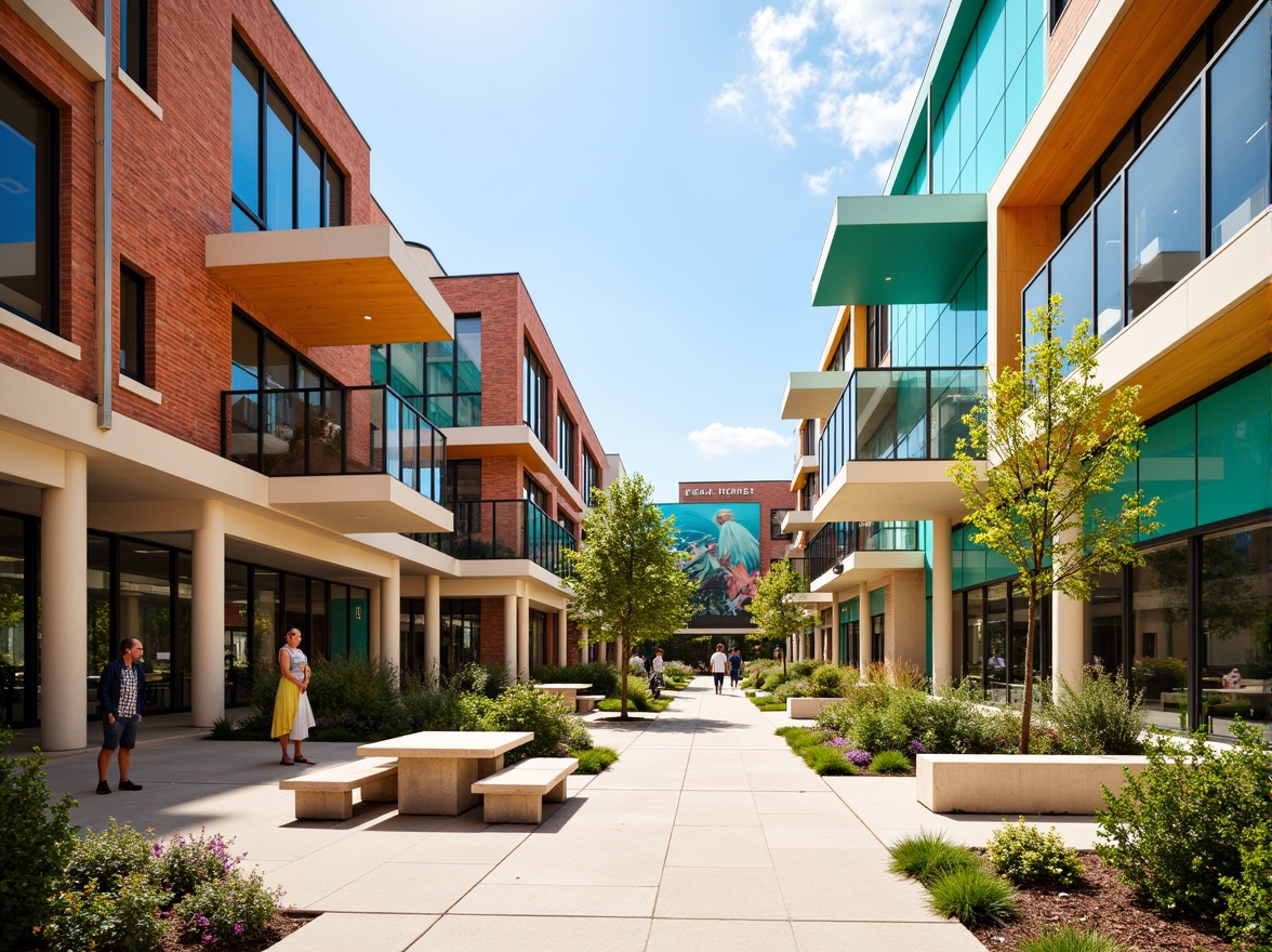 Prompt: Vibrant campus fusion architecture, eclectic mix of modern and traditional styles, bold brick red walls, sleek silver metal accents, warm beige stone floors, bright turquoise glass windows, lush green roofs, natural wood tones, playful pops of yellow and orange, soft cream-colored columns, abstract geometric patterns, dynamic LED lighting, futuristic digital displays, minimalist signage, cozy courtyard seating areas, shaded walkways, blooming flower gardens, sunny afternoon light, shallow depth of field, 3/4 composition, realistic textures, ambient occlusion.