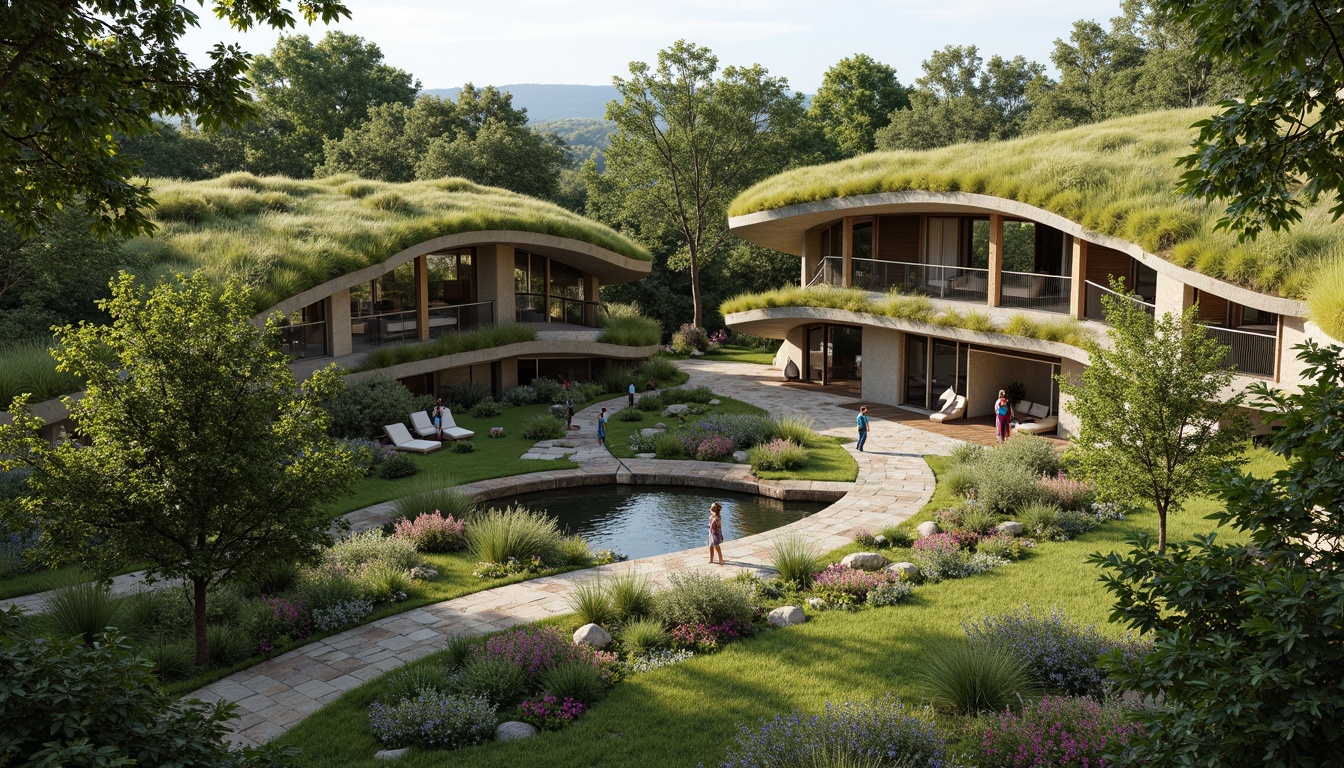 Prompt: Vibrant green roofs, lush vegetation walls, natural stone facades, curved organic architecture, seamless indoor-outdoor transitions, floor-to-ceiling windows, panoramic views, reflective pools, water features, walking trails, native plant species, meandering pathways, rustic wooden bridges, bird's eye view, aerial perspective, 1/1 composition, soft diffused lighting, warm earthy tones.